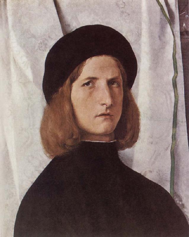 Lorenzo Lotto Portrat of a young man before a woman curtain oil painting picture